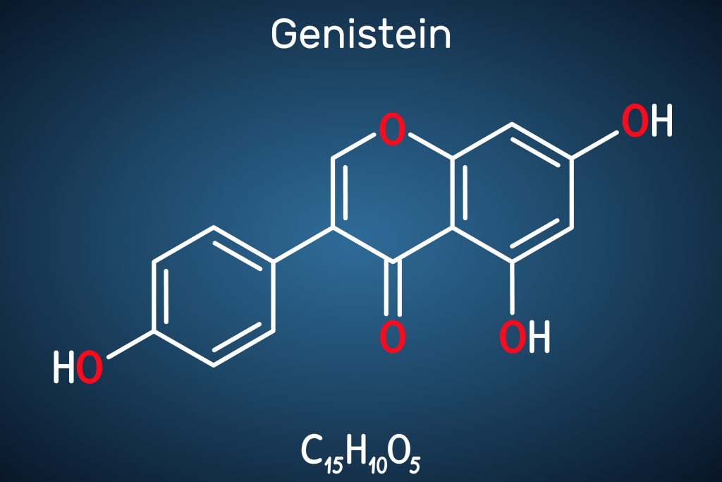 Молекула генистеина состоит из 30 атомов. В нее входят углерод, водород, кислород Молекула генистеина
