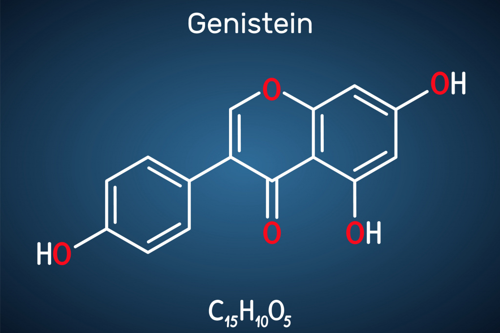 Молекула генистеина состоит из 30 атомов. В нее входят углерод, водород, кислород Молекула генистеина